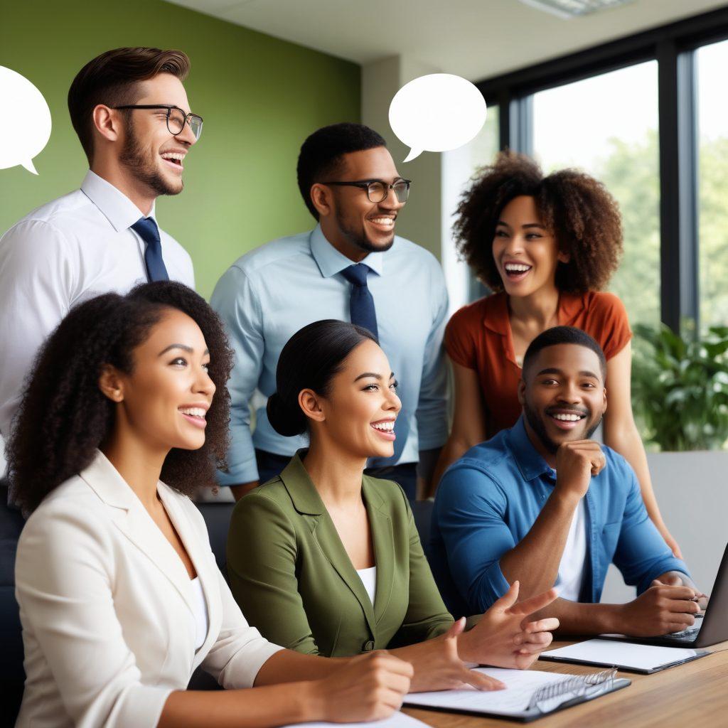 A diverse group of professionals engaged in a dynamic conversation, exchanging feedback with visible enthusiasm and open body language. Include speech bubbles illustrating constructive comments and ideas. A soft, inviting office environment in the background, with plants and natural light to emphasize positivity. super-realistic. vibrant colors. soft focus.
