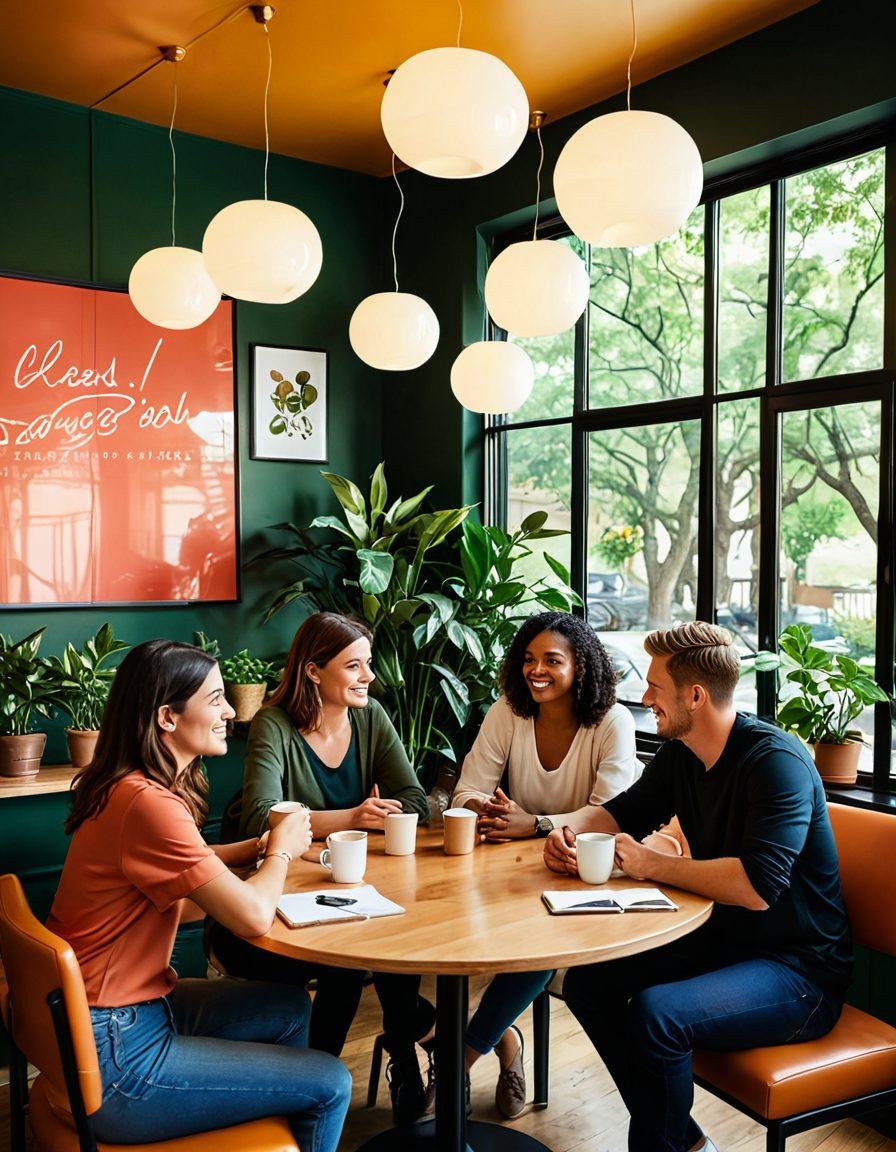 A diverse group of people engaged in a lively discussion, exchanging ideas with expressive body language. Incorporate visual metaphors like glowing speech bubbles and interconnected lines representing communication flows. Use a warm color palette to evoke friendliness and openness. The setting should be a cozy coffee shop with plants in the background, inviting conversation. vector art. vibrant colors.
