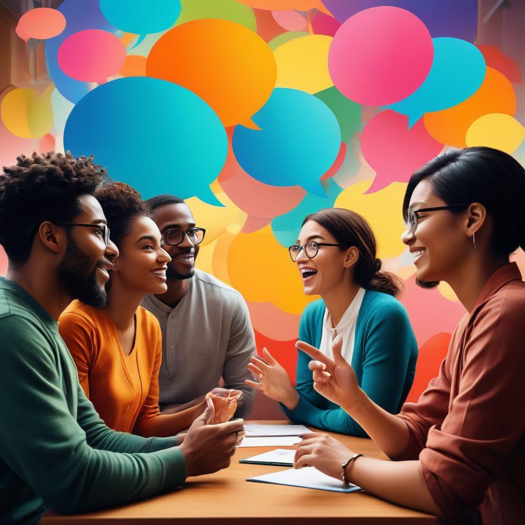 A vibrant and dynamic scene capturing a group of diverse people engaged in animated conversation, with colorful speech bubbles illustrating various dialogue techniques like active listening and open-ended questions. The background features a blend of abstract shapes and flowing lines to symbolize the flow of communication, creating an energetic atmosphere. The individuals should reflect different cultures and professions, showcasing inclusivity in dialogue. super-realistic. vibrant colors. dynamic composition.